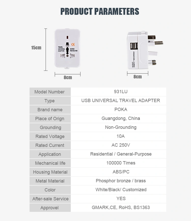 UK Us Au EU Travel Adapter with 2 USB 2.4A